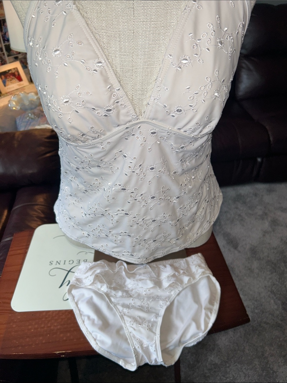 Be Creative- Size 12- 38C Tankini White Embroidered Halter Camisole & Bottom Set